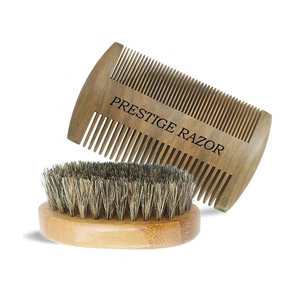 Wooden Material Beard Brush and Comb Set for Men | Prestige Razor 1904 |Oval shape with 100% Boar