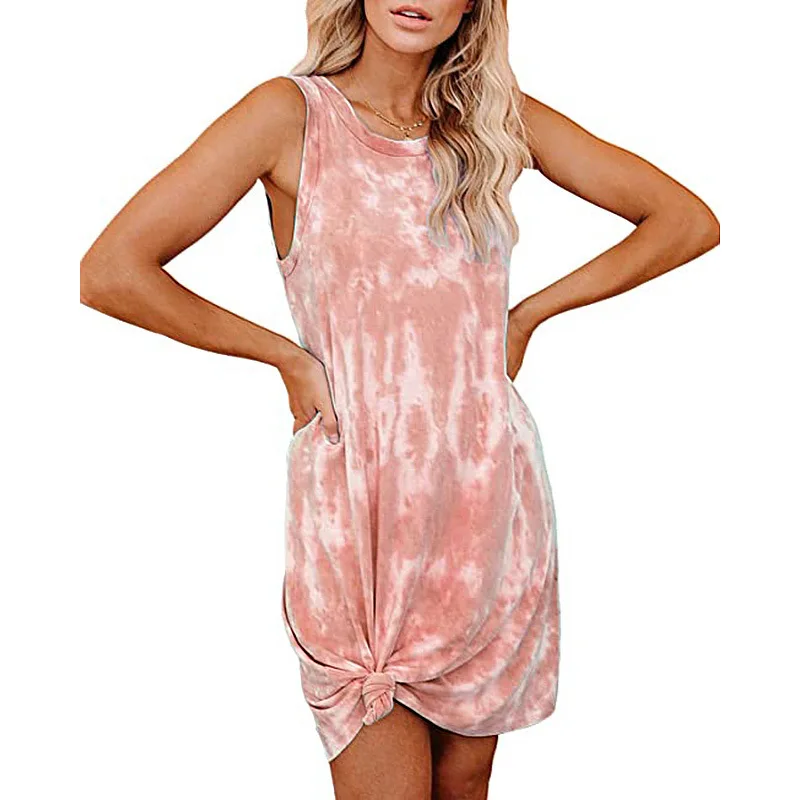 Women Casual Short Dress Tie Dye T Shirt Dress Crew Neck Sleeveless Loose Stretchy Summer Tank Mini Dress