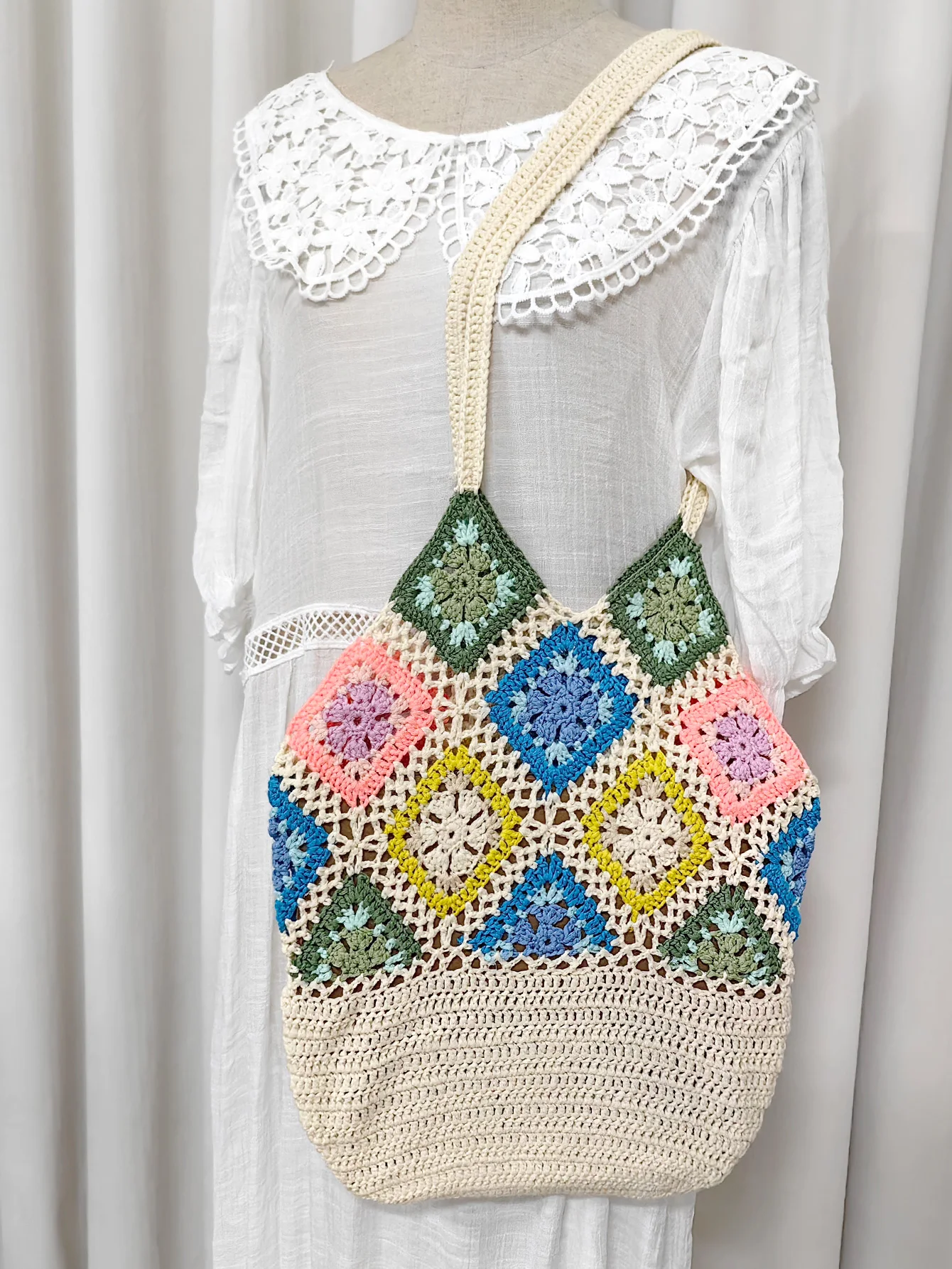 Factory Bohemian Handmade Crochet Party Granny Colorful Square Hobo Flowers Cotton Cord Tote Shoulder Bag Casual Shopping Bag