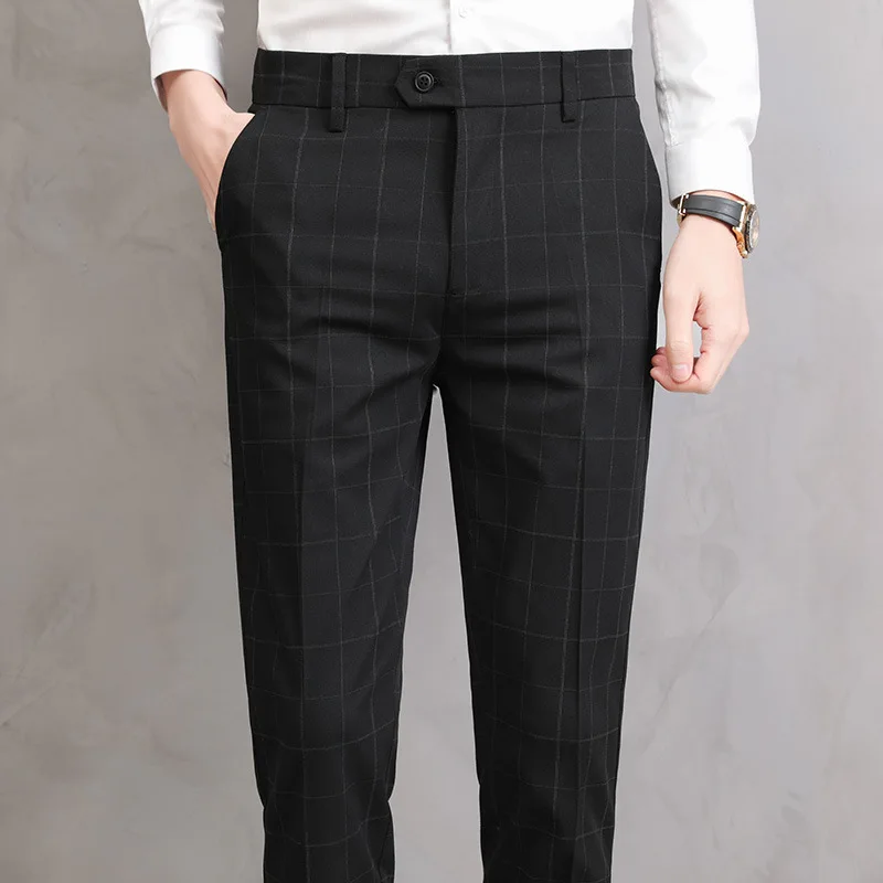 New Fashion Plaid Printed Pants For Mens Mid Waist Button Trouser Male Formal Casual Long Pants