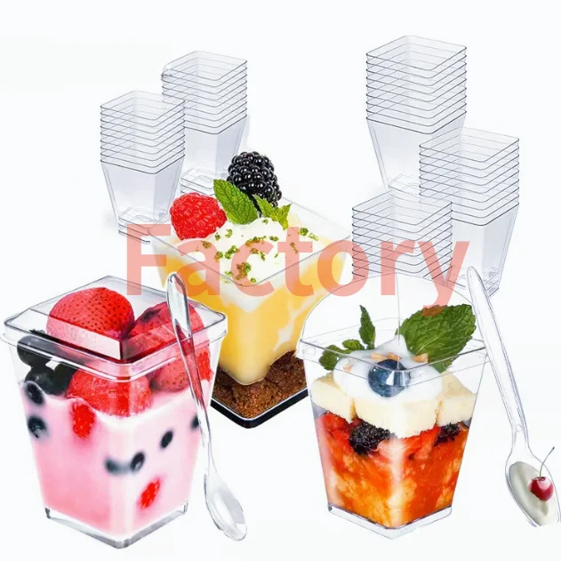 Factory food packaging recyclable disposable clear square ps plastic dessert cups with lids pudding jelly ice cream mousse cups