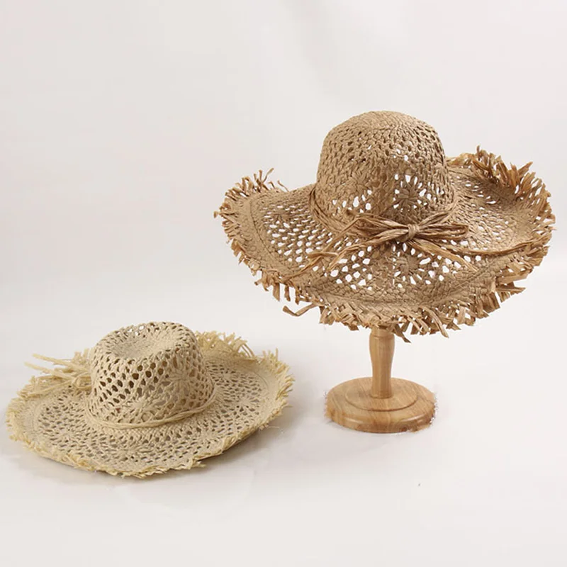 Trendy Hollow Design Premium Luxury Women Ladies Twisted Paper Big Brim Multi Color Stripe Hand Crocheted Packable Beach Sun hat