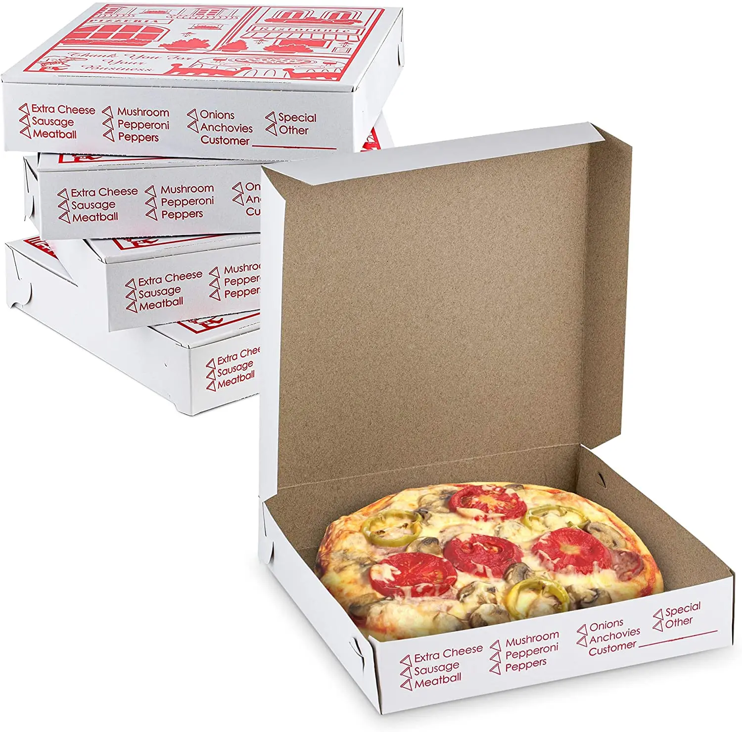 White Blank Cardboard Pizza Boxes, Takeout Containers - 12 x 12 Pizza Box Size, Corrugated, Kraft
