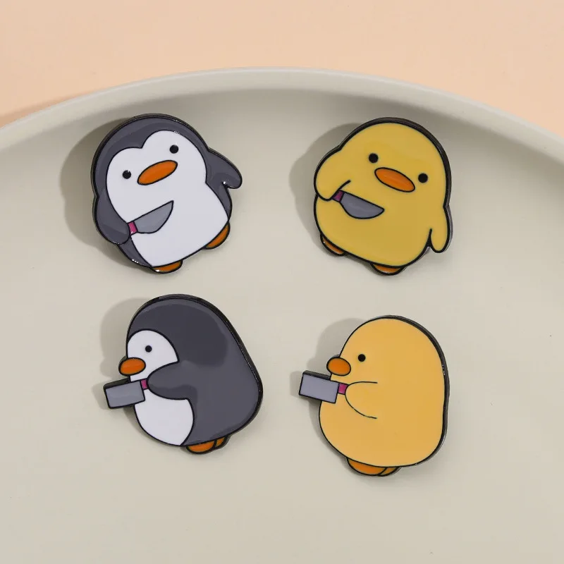 Hot Deals Metal Lapel Badge Cute Anime  Penguin little yellow duck with knife soft Enamel lapel Pin