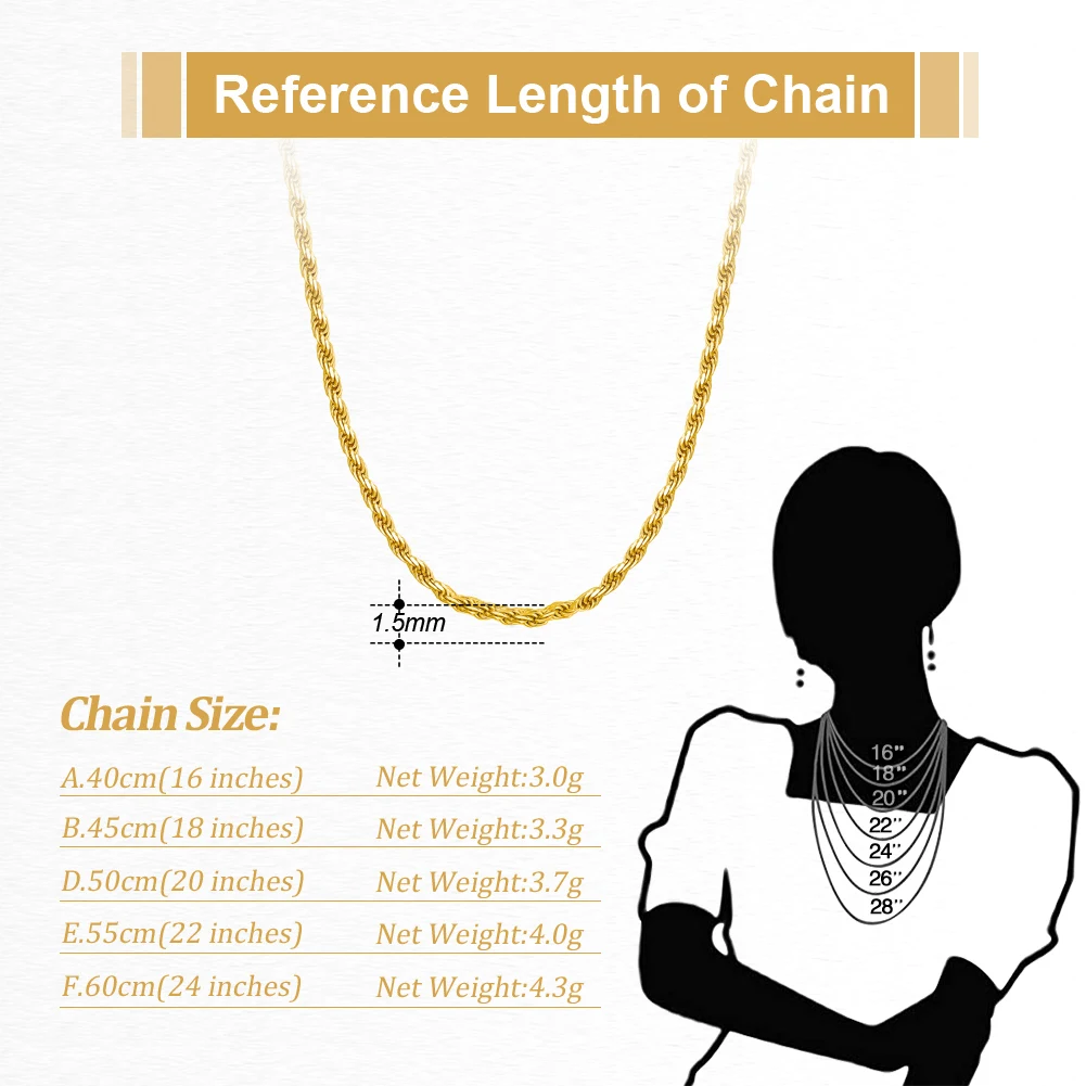 SC29-18K 1.5MM Thick 18K Gold Plated Real 925 Sterling Silver Rope Chain Necklace