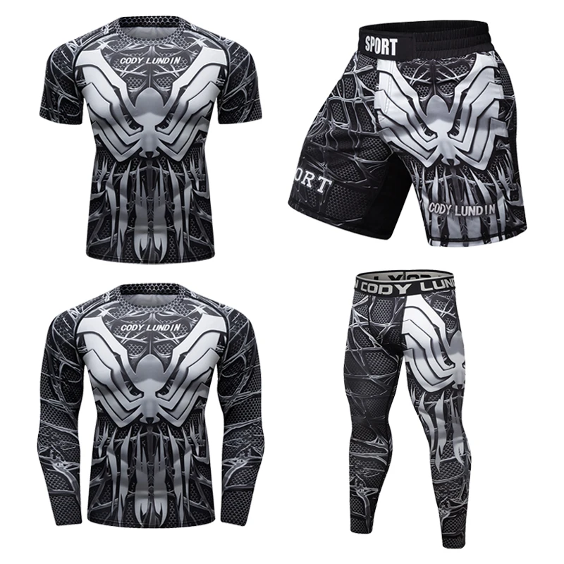 New Design MMA Fight Gear 4 Piece Set Kung-Fu Rashguard Jiu Jitsu Shorts Legging Men