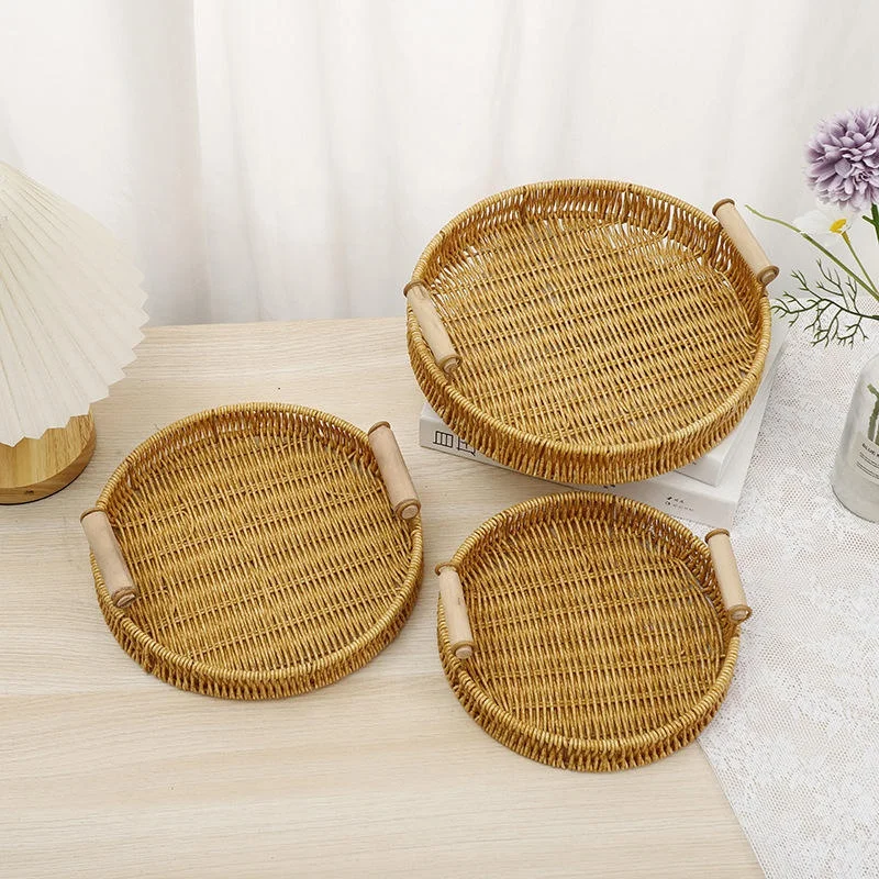 Handmade Round Woven PP Rattan Basket Wicker Picnic Basket Fruit Snacks Storage Tray with Handle
