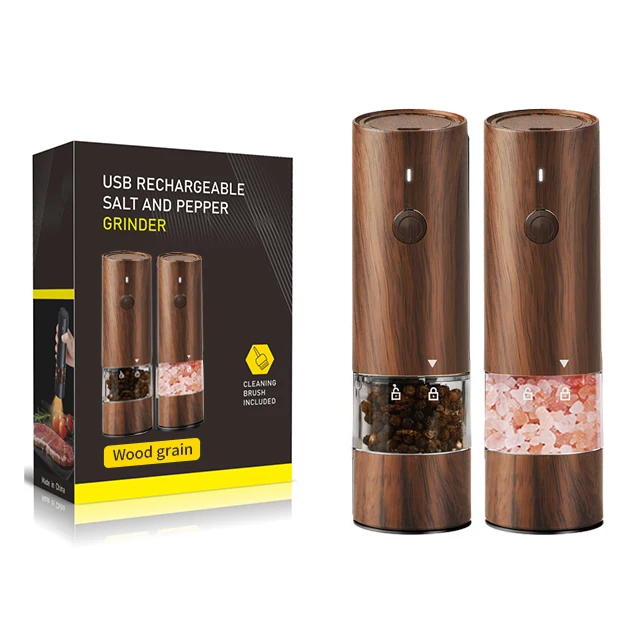 New Wooden Color Salt Pepper Grinder Set USB Rechargeable Electric Pepper Mill With Light