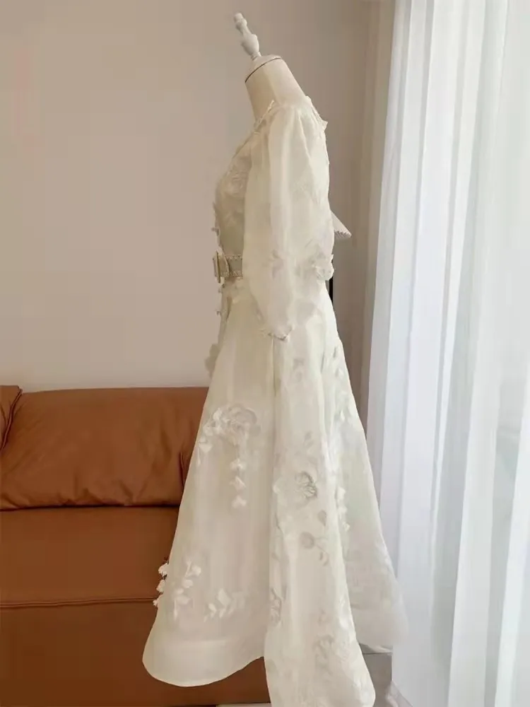 Wholesale Getspring Women Dress Vintage O Neck Puff Sleeve Flower Belt Large Hem Long White Lace Dress Party Dress 2022