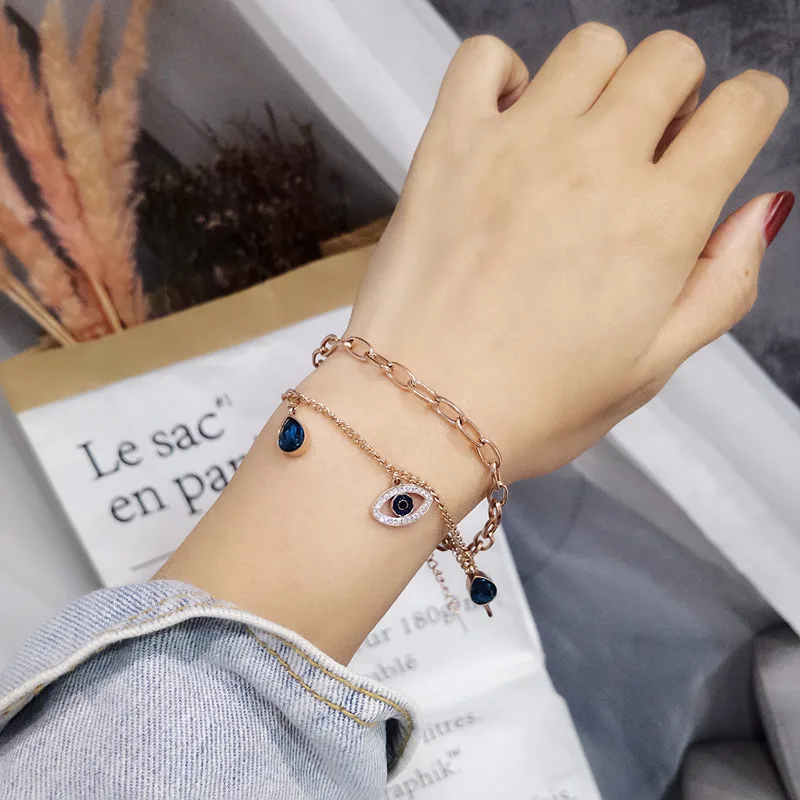 Fashion Gold Plated Double Layer Water Drop Sapphire Turkish Eyes Bracelet Stainless Steel Crystal Evil Eyes Charm Bracelet