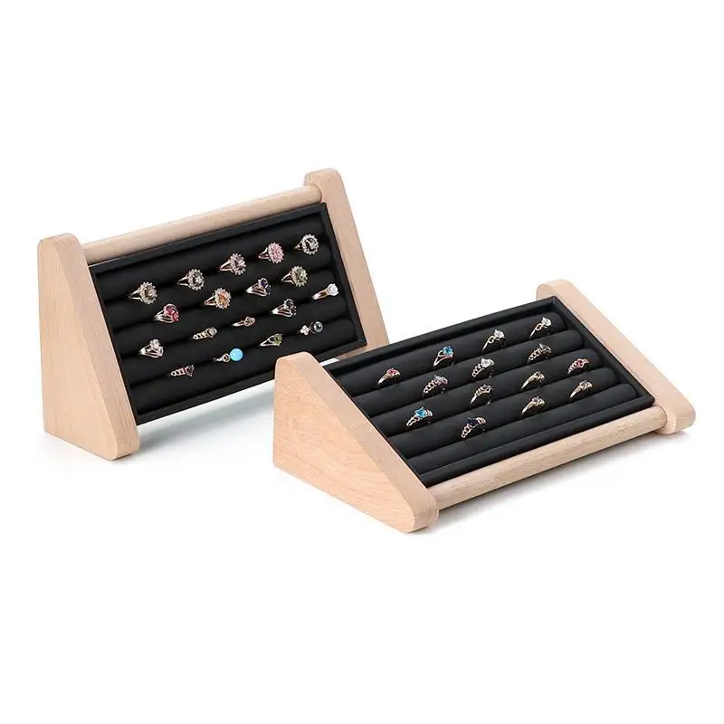 Popular Exhibition Wood Beveled Rings Thin Bangle Stud Earrings Display Stand Black White Jewelry Display Rack Holder