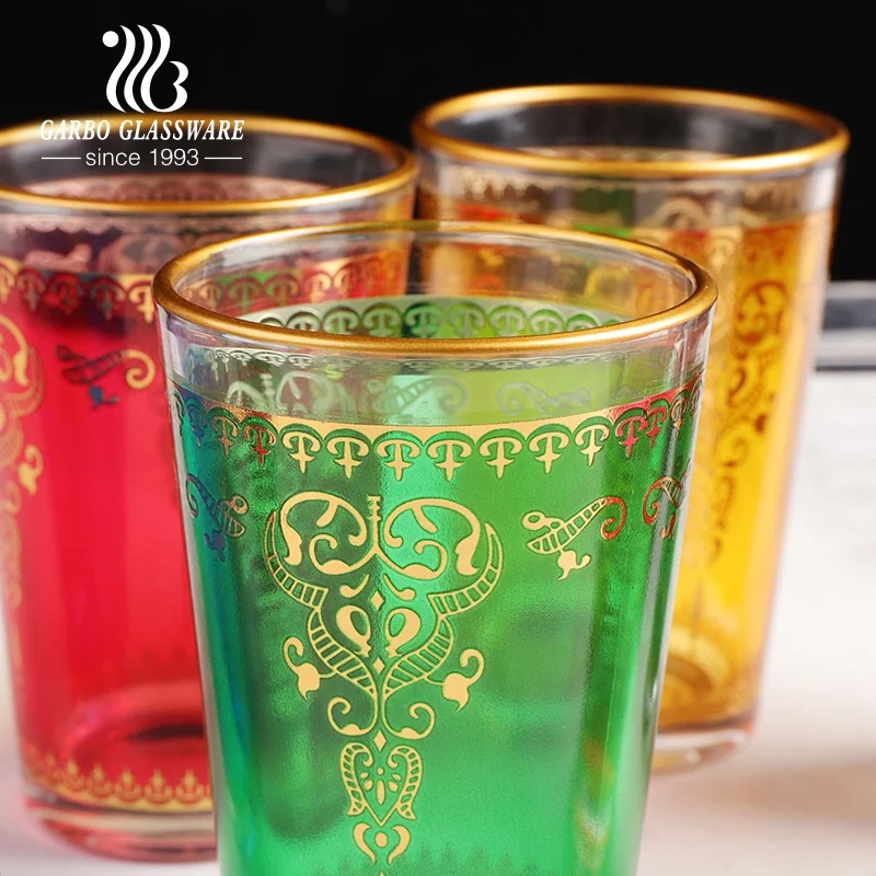 170ml 6oz Factory wholesale colorful decal printing golden rim coffee water tumbler Middle East Turkish Arabic glass tea cup