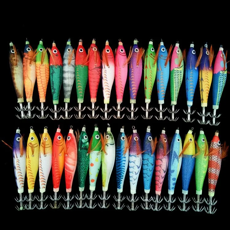 Horizontal Luminous Wooden Shrimp Squid jigging Set Round Belled Shrimp Sea Fishing lures