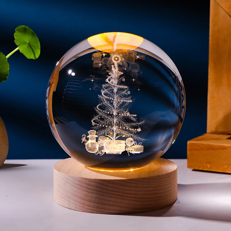 Wholesale 3D Engraved Laser Glass Crystal Ball Night Lamp Baby Home Christmas Gift Decor Wooden Base Lights