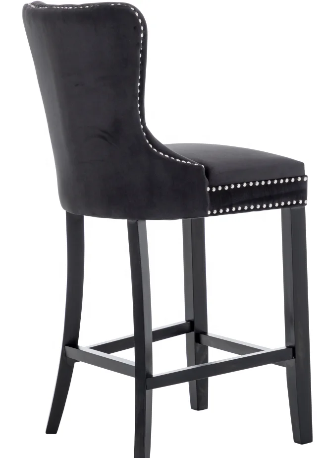High back and seat with front back buttons decoration and studs around top wooden KD legs bar chair