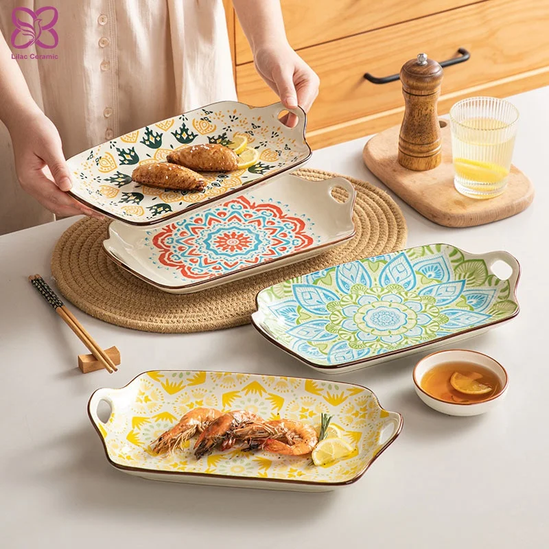 Bohemian Luxury Plate Good Quality Ceramic Plate Dinnerware Rectangle Ceramic Plate With 2 Handles