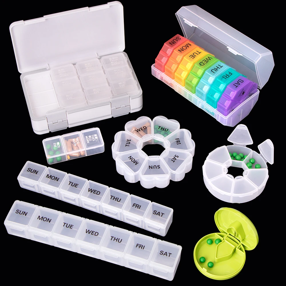 SUNSHING Pill Crusher Cutter Box Medicine Chest Dispenser Reminders Travel Weekly Storage Monthly Pill Box Organizer
