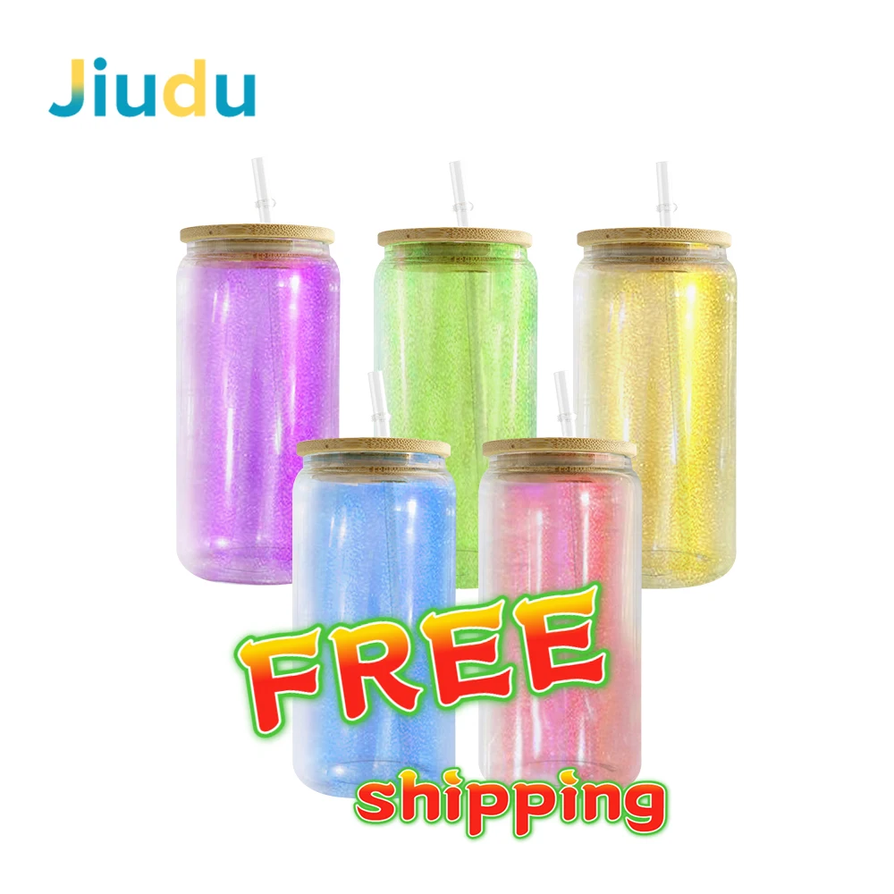 USA Warehouse 20oz Iridescent Sublimation Glass Can Frosted Sublimation Beer Glass Blanks Tumbler with Bamboo Lids Water Bottle