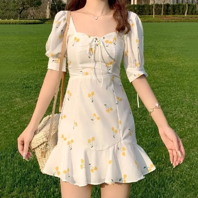 Customization Summer Women Korean Short Sleeve High Waist Mini Casual Floral Dress
