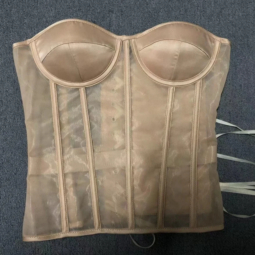 Women Sexy Bustier Corset Vintage Double Mesh Waist Cincher Body Shaper Top