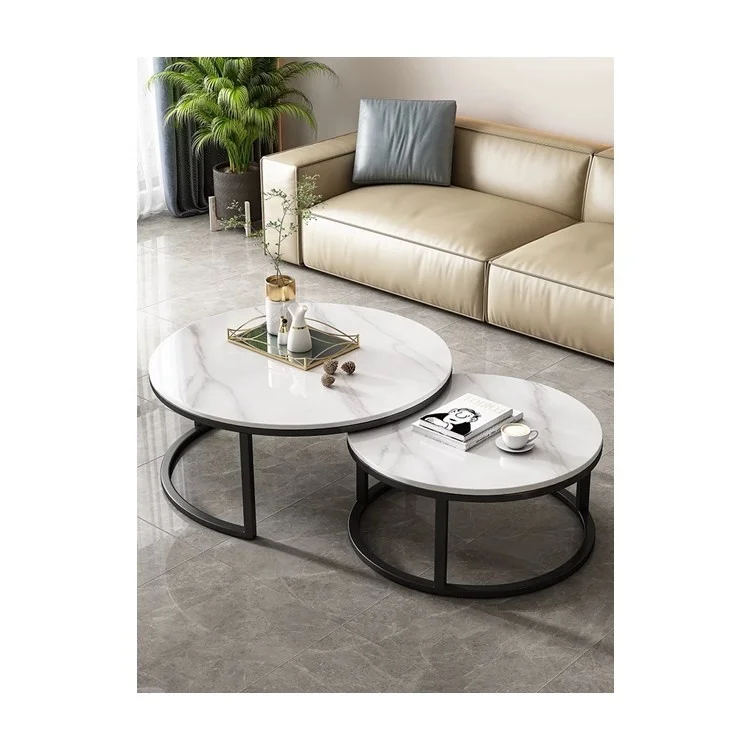 Modern Fashion Design  Living Room High Glossy Marble Top 2pcs Tea Table With Drawer Round Small Cafe Table Coffee Table