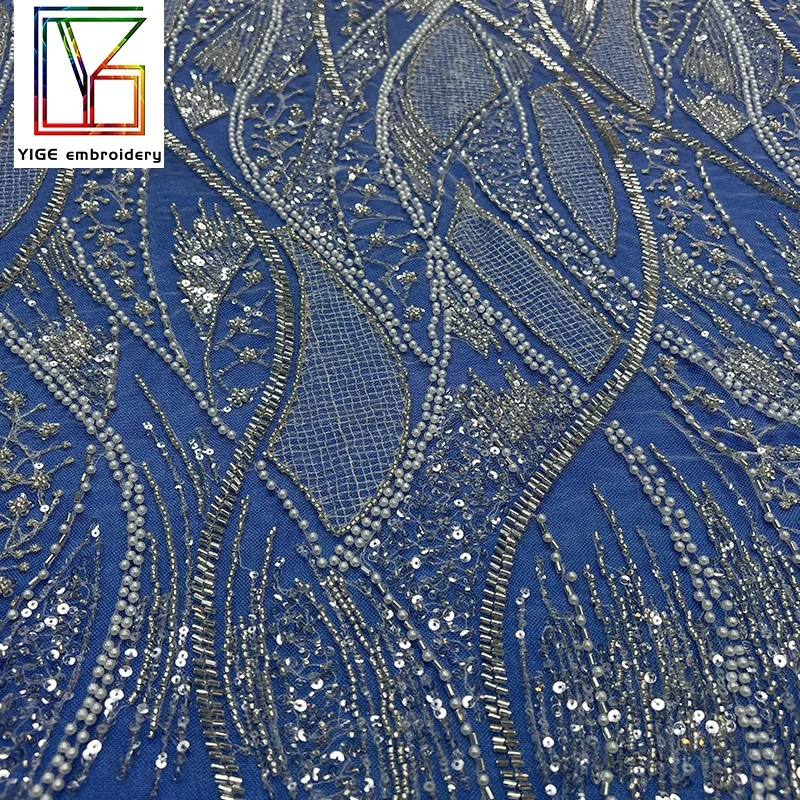 french White Bridal Net Laces bridal heavy beaded lace fabric dubai pearl bead sequins tulle lace fabric for wedding dress
