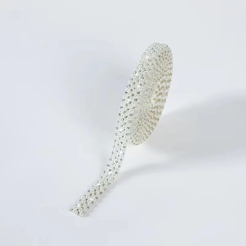 Wholesale 30mm 10mm wide crystal inlaid ribbon sticker banding trim self adhesive rhinestone and pearl strips for crafts