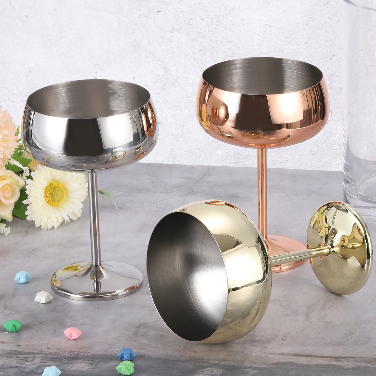 Martini Cocktail Glasses and Gold Stainless Steel Wine Glass or Steel Stemless Martini Glass for Red Win