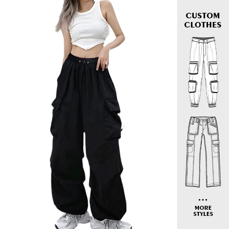 Custom OEM Manufacturer Vintage Pockets High Waist Streetwear baggy Casual ladies Long parachute Cargo Pant for women Trousers
