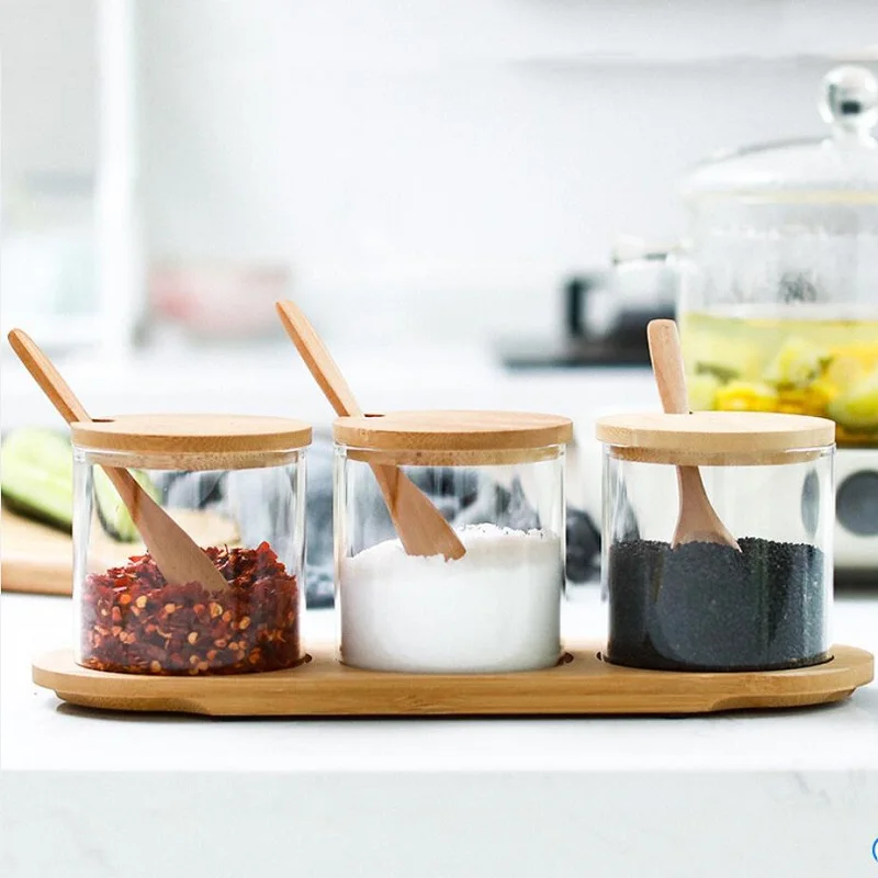 
High borosilicate glass three pieces spice jar set glass spice container with bamboo lid and spoon and tray 