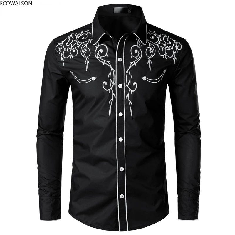 ecowalson Stylish Western Cowboy Shirt Men Custom Embroidery Slim Fit Casual Long Sleeve Shirts Wedding Party Shirt for Male