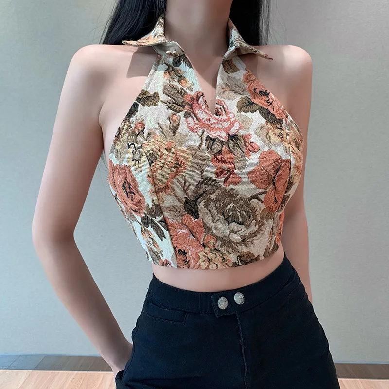 
2021 wholesale printed halter neck vest with back cut out ladies tops 