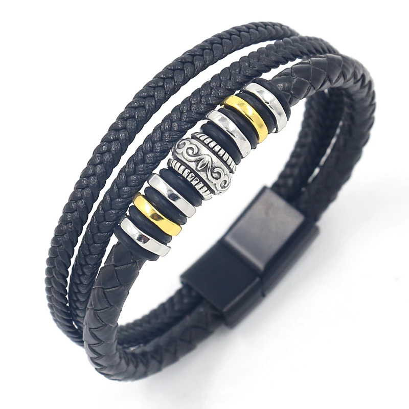 Antique Alloy Beads Multilayer Black Braided Leather Rope Magnetic Clasp Bracelet for Men