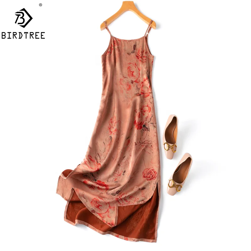 Birdtree 28 Mm Summer 100%Real Silk Dress Women Fragrant Red Cloud Gauze O Necks Sleeveless Slim Side Zipper Maxi Dress D36321JM