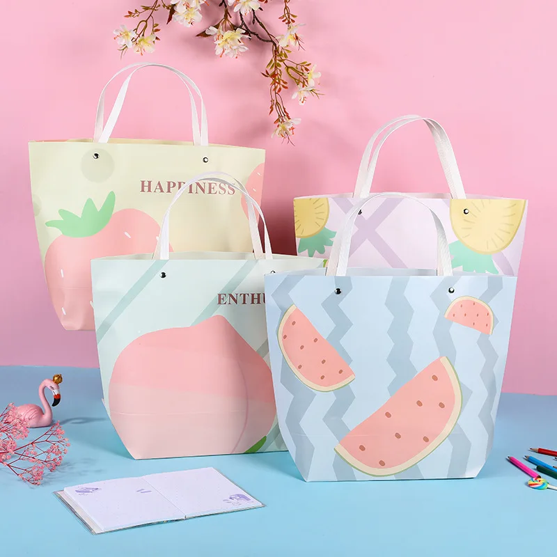 Ship-shaped white cardboard pink fruit pattern clothing tote bag creative ingot gift paper bag