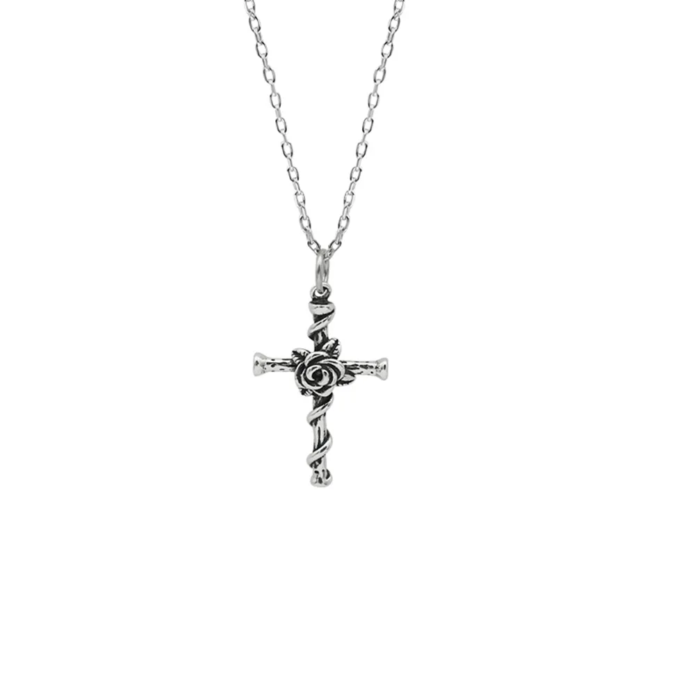 
Vintage Fashion Chain Jewelry 925 Silver Sterling Jesus Cross Rose Flower Pendant Necklace 