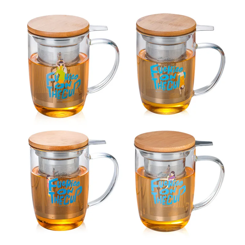 Promotional Christmas Gift Tea Infuser Cup Borosilicate Tea Glass Mug Cup With Stainless Steel Tea Infuser and Wooden Lid