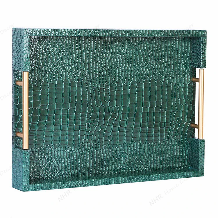 Faux skin brushed gold stainless steel handle leather service storage decoration tray