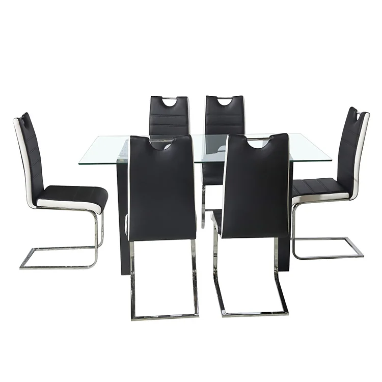 Nordic Luxury Dining Room Furniture Modern Design Glass Rectangular Dining Table And 6PCS Leather Chairs With Metal Chrome Legs