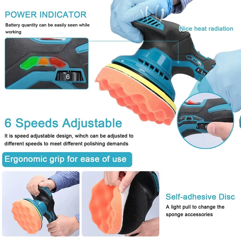 Cordless Car Polisher with 2 Pcs Battery 6 Gears of Speeds Adjustable