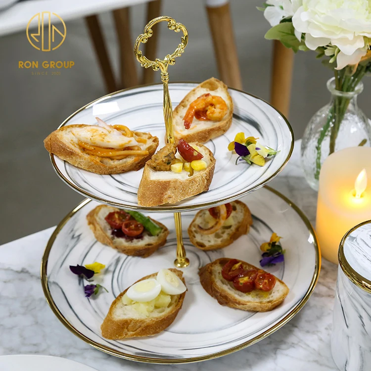 Nordic Unique gold rimmed porcelain plate marble dinnerware set round Western Ceramic cheap plates