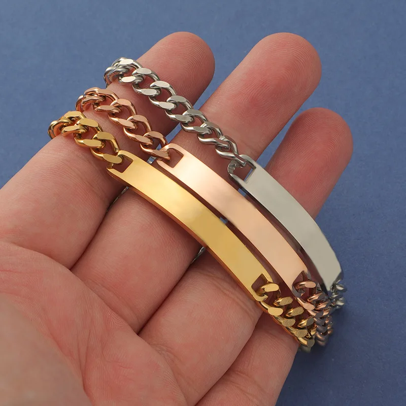 Dropshipping Customized Engraving Stainless Steel Tarnish Free 18K Gold Plated Waterproof Jewelry Engraved Bar Bracelet