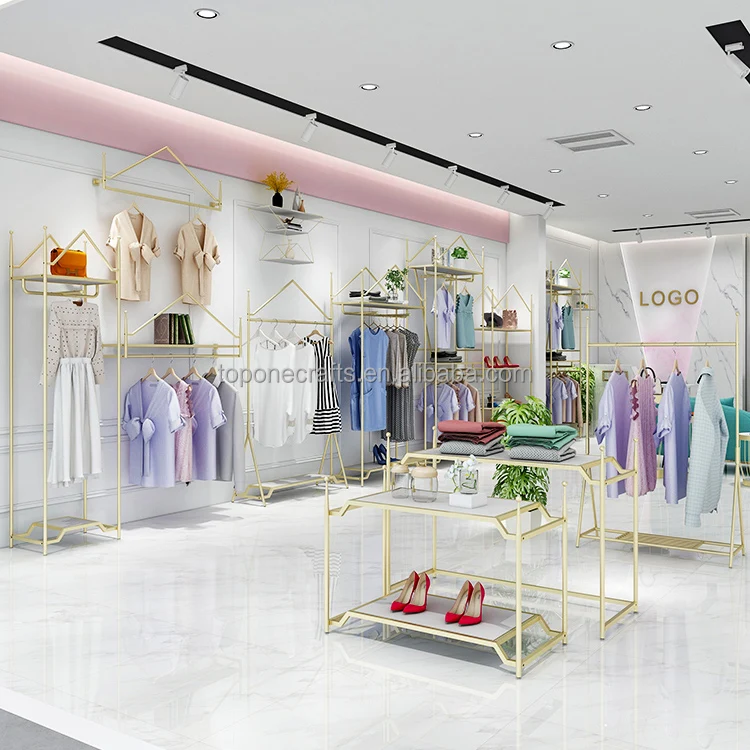 Custom Clothing Store Furniture Gold Clothing Wall Rack Nesting Table Garment Shelving Clothes Display Rack For Boutique