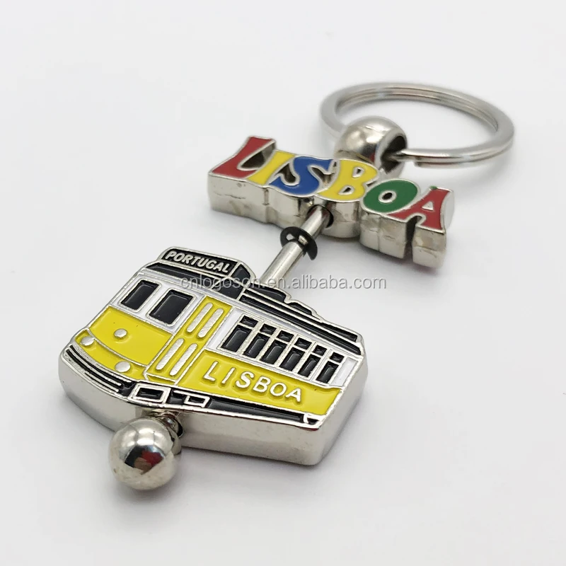 Factory Custom 3D Rotating City Travel Bus Shape Keyring Portugal Tourist Souvenirs Keychain
