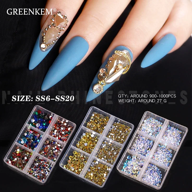 GREENKEM Crystals Kinds Of Color Nail Rhinestone Flat Bottom Multi-size Crystals Strass Gem Nail Art 3D Decoration