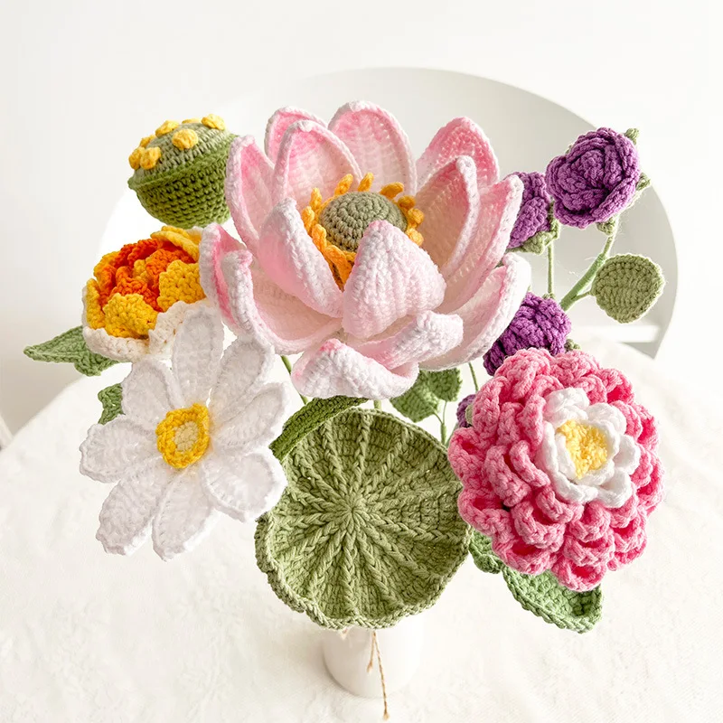 Crochet Lotus Flower Arrangement Desktop Art Ornaments Party Home Decoration Wool Knitting Eternal Flower