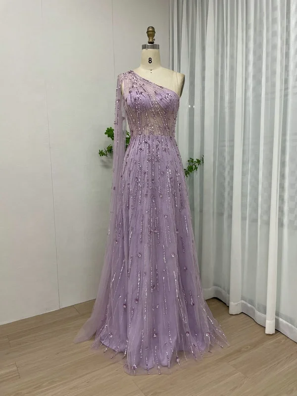 2024 Latest Elegant Beaded Sequin One Shoulder Cape Sleeve A Line Dubai Evening Gowns Prom Dress Vestidos De Fiesta Wholesale