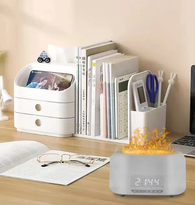 400ML Simulation Flame Aromatherapy Machine Time Alarm Clock Wireless Speaker Humidifier Large Capacity