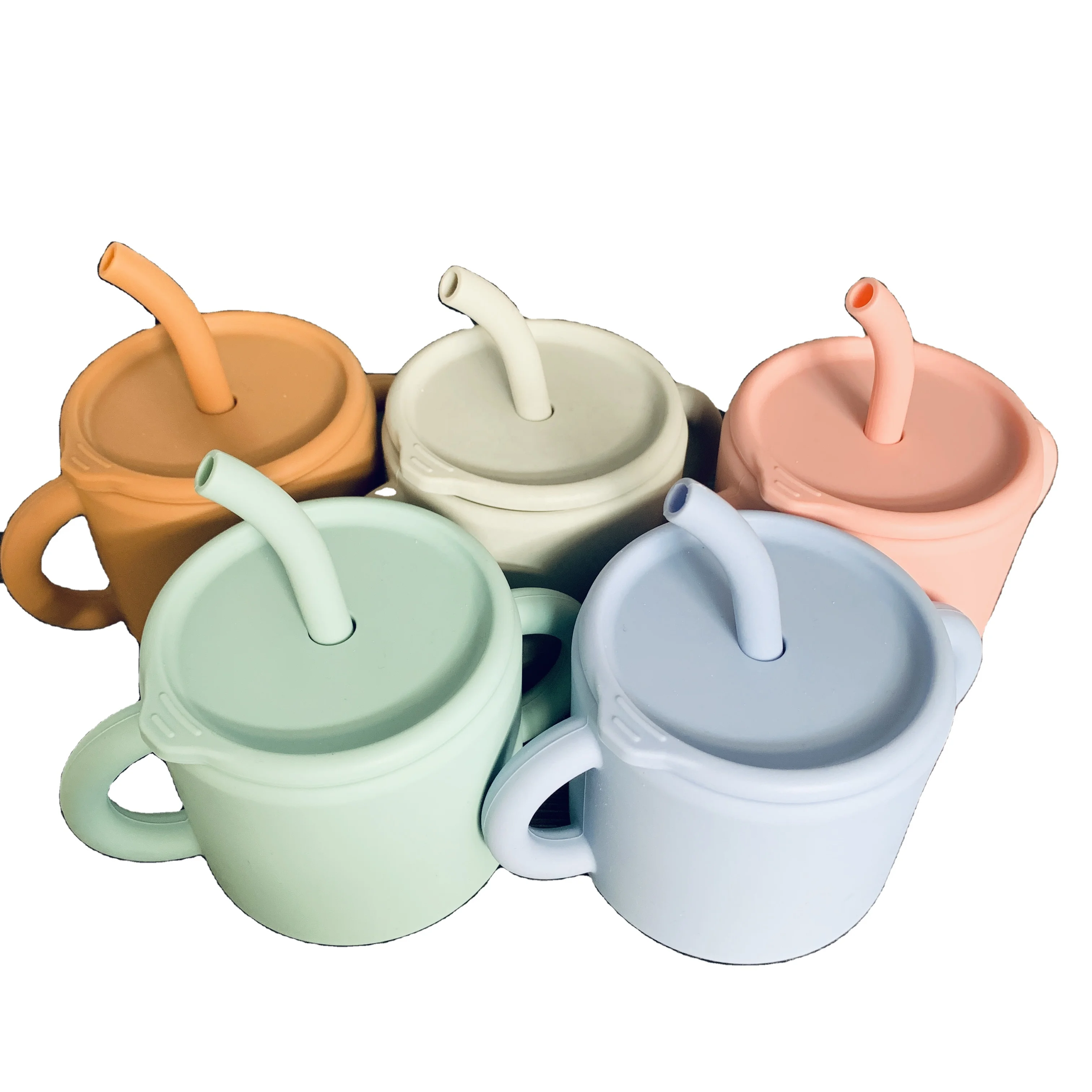 2023 Unbreakable Reusable Soft Kids Toddler Baby Cute Training Drinking Water Silicone baby drinking cup With Straw and Handle