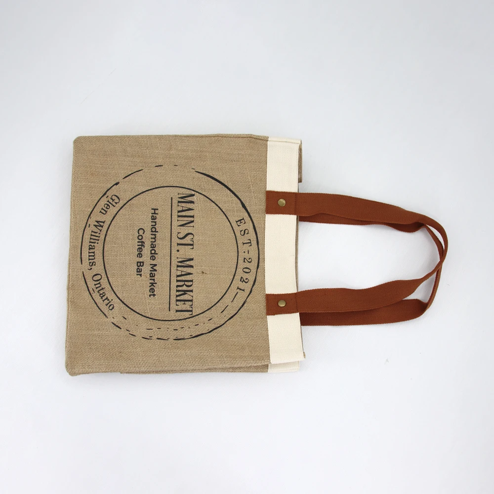 BSCI Printed Eco Reusable Large Shopping Tote Burlap Jute Bag With Leather Handles